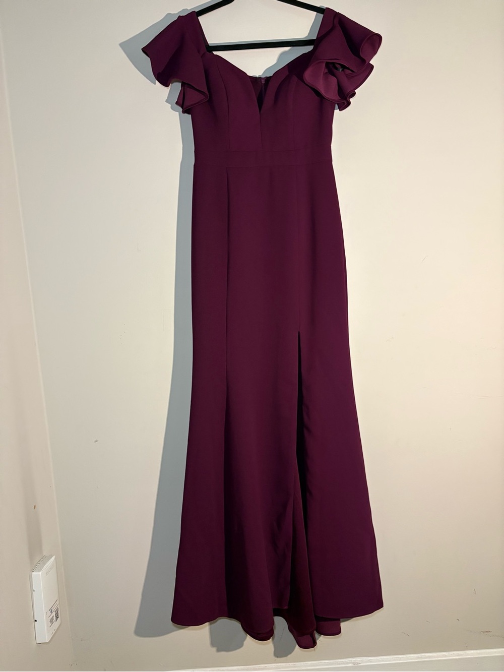 Xscape Plum Off-Shoulder Ruffle Sleeve Gown
